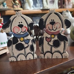 Handpainted Wooden Dog Pair - Black & Cream with Blue and Pink Accents